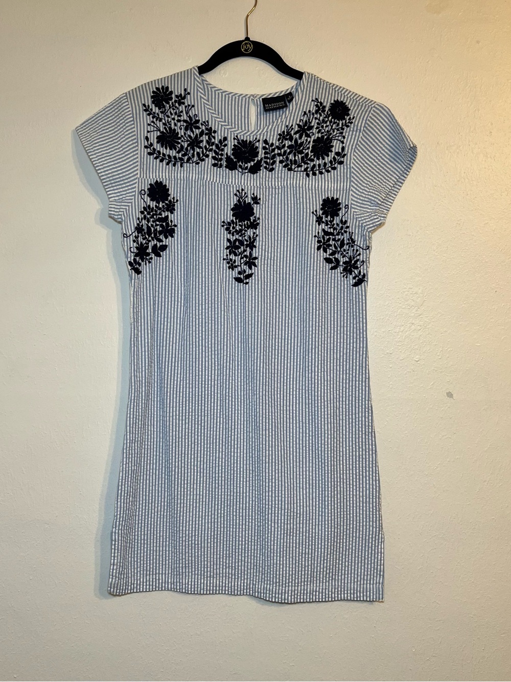 Madison Mathews Catherine Mini Dress Blue Seersucker with Navy Embroidery size S - Picture 2 of 8